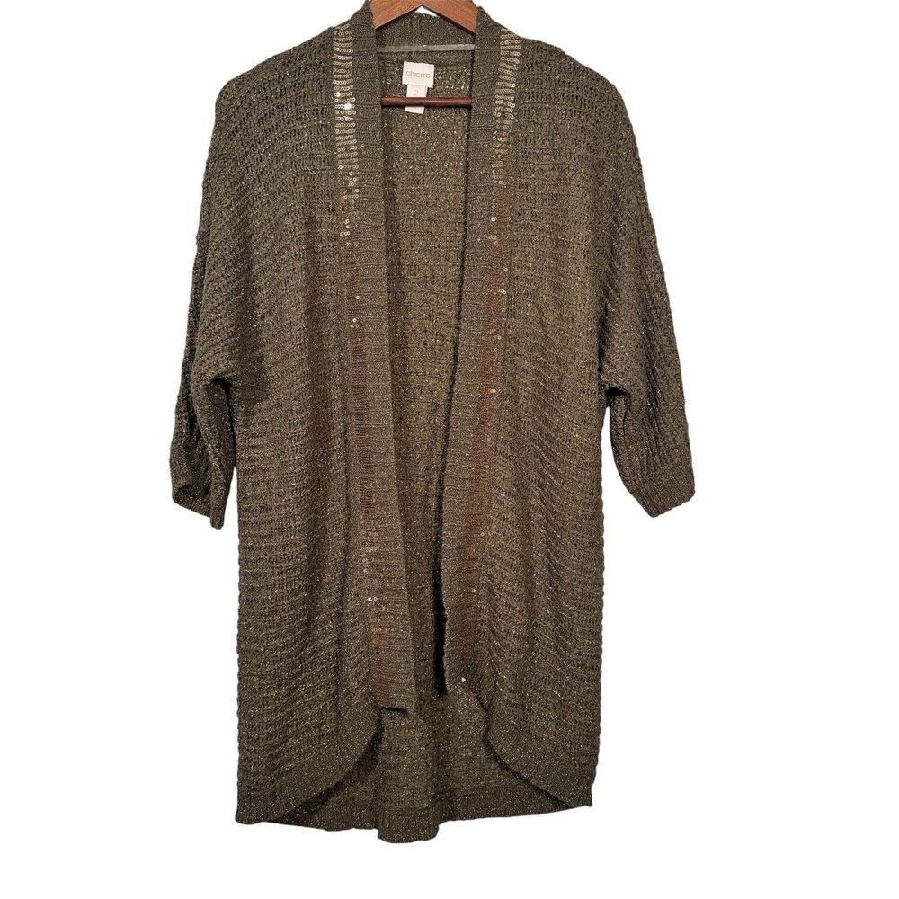 Chico’s Sz 2 (Large 12) Long Cardigan Sweater Gold Sequin Party Metallic